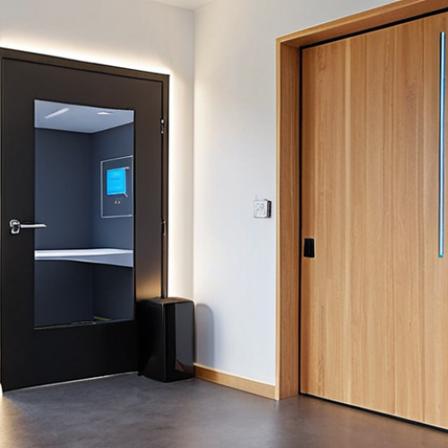 Home 11 **Prompt:** A sleek, modern home office entrance featuring a fingerprint scanner integrated into the door frame. The door is partially open, revealing a brightly lit, organized workspace with a desktop computer and comfortable chair. The lighting is soft and inviting, conveying a sense of security and ease of access.
