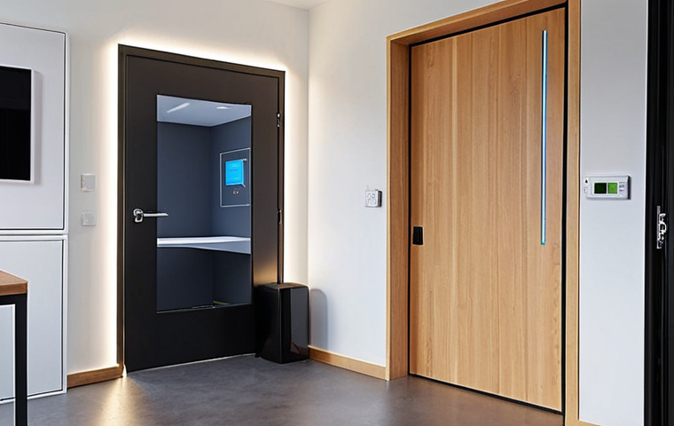 **Prompt:** A sleek, modern home office entrance featuring a fingerprint scanner integrated into the door frame. The door is partially open, revealing a brightly lit, organized workspace with a desktop computer and comfortable chair. The lighting is soft and inviting, conveying a sense of security and ease of access.