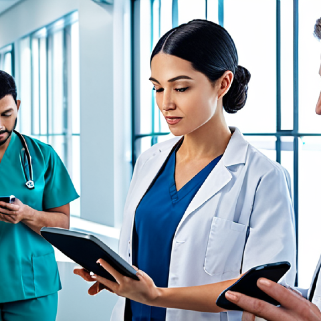 **A futuristic hospital scene:** A diverse group of medical professionals are using tablets that display biometric data (facial recognition, fingerprint scans) to quickly and securely access patient records. The atmosphere is clean, efficient, and technologically advanced, emphasizing patient safety and streamlined workflows.