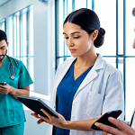 **A futuristic hospital scene:** A diverse group of medical professionals are using tablets that display biometric data (facial recognition, fingerprint scans) to quickly and securely access patient records. The atmosphere is clean, efficient, and technologically advanced, emphasizing patient safety and streamlined workflows.