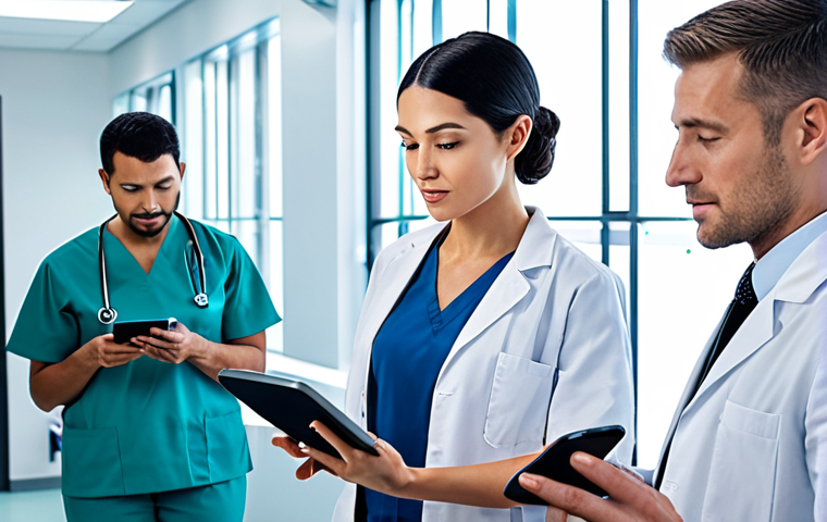 **A futuristic hospital scene:** A diverse group of medical professionals are using tablets that display biometric data (facial recognition, fingerprint scans) to quickly and securely access patient records. The atmosphere is clean, efficient, and technologically advanced, emphasizing patient safety and streamlined workflows.