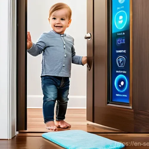 Home 22 인공지능과 바이오메트릭 보안의 결합 - **Left Panel (Home):** A parent, casually dressed, effortlessly unlocks their smart home front door ...
