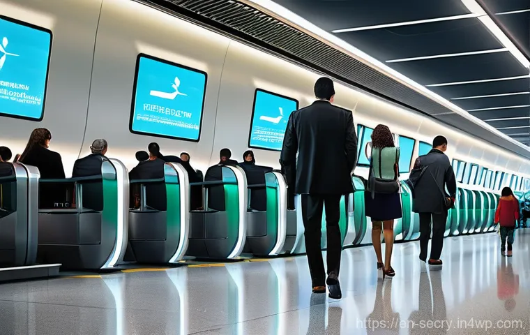 바이오메트릭 보안과 비즈니스 모델 - **Prompt Title: Seamless Airport Journey with Facial Recognition**

    **Image Prompt:** "A diverse...