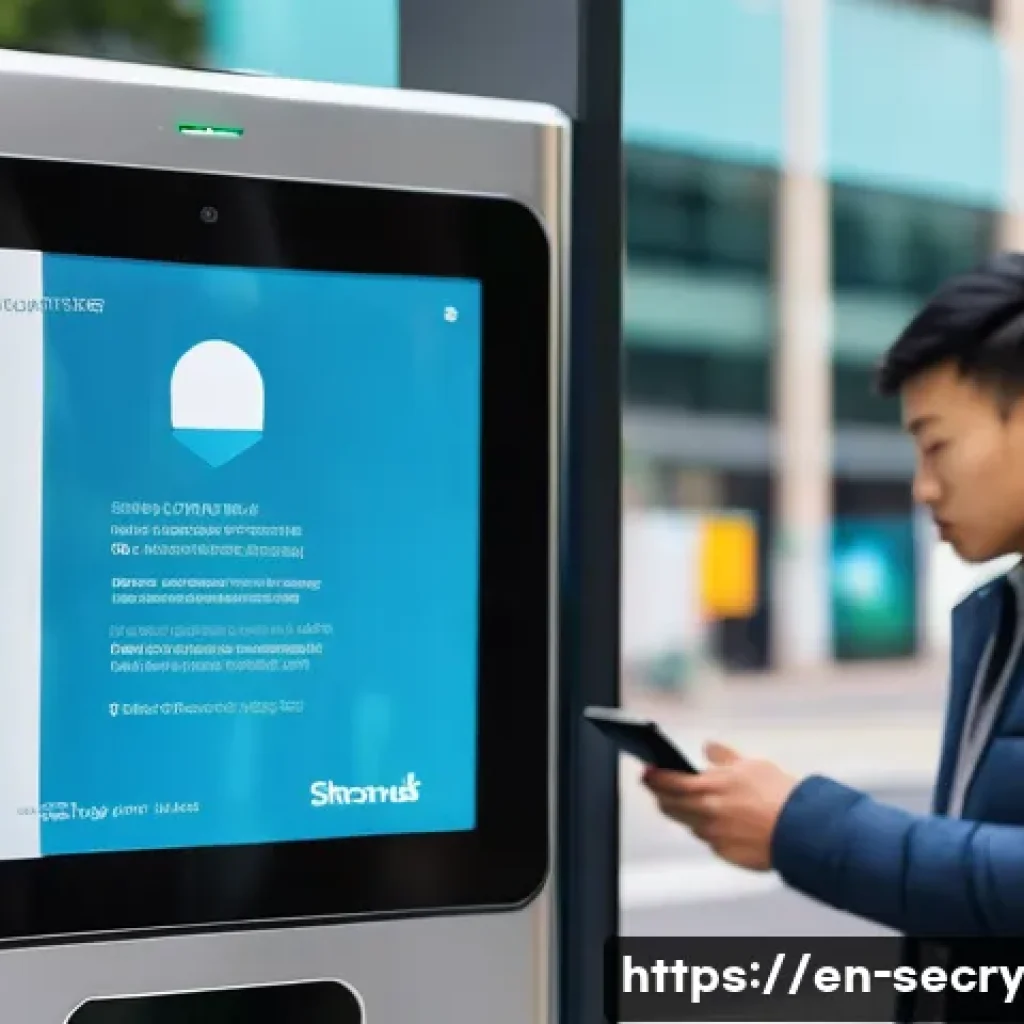 생체 인증 시스템의 장애요인 분석 - A high-tech outdoor biometric facial recognition terminal mounted on a sleek metal stand in a bustli...