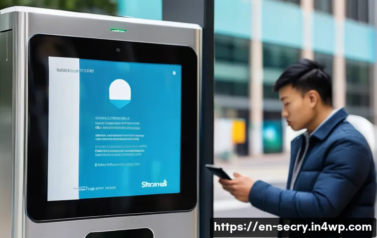 생체 인증 시스템의 장애요인 분석 - A high-tech outdoor biometric facial recognition terminal mounted on a sleek metal stand in a bustli...
