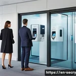 바이오메트릭 보안의 비용 효율성 분석 - A modern corporate office entrance featuring a sleek fingerprint scanner mounted beside a glass door...
