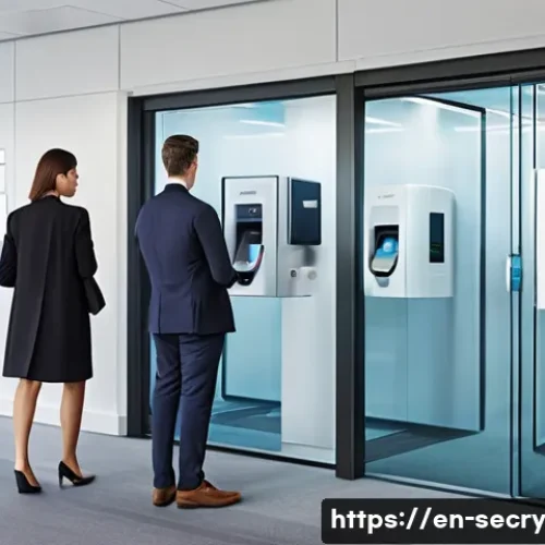 바이오메트릭 보안의 비용 효율성 분석 - A modern corporate office entrance featuring a sleek fingerprint scanner mounted beside a glass door...