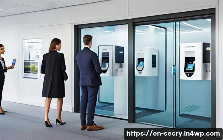 바이오메트릭 보안의 비용 효율성 분석 - A modern corporate office entrance featuring a sleek fingerprint scanner mounted beside a glass door...