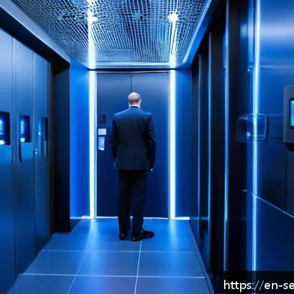 바이오메트릭 데이터의 안전한 처리 방법 - A modern high-security data center entrance featuring a professional security guard using an iris sc...