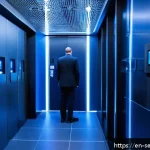 바이오메트릭 데이터의 안전한 처리 방법 - A modern high-security data center entrance featuring a professional security guard using an iris sc...