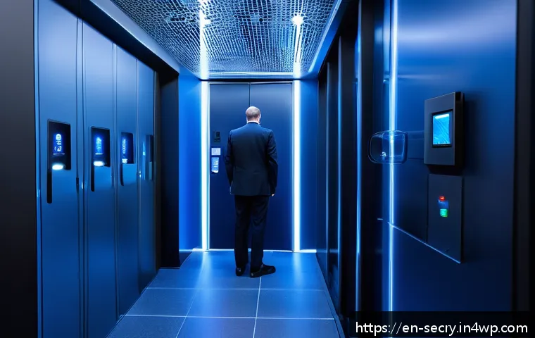 바이오메트릭 데이터의 안전한 처리 방법 - A modern high-security data center entrance featuring a professional security guard using an iris sc...