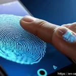 지문 인식 vs 얼굴 인식 비교 - A close-up, hyper-realistic image of a human fingertip pressing on a high-tech capacitive fingerprin...