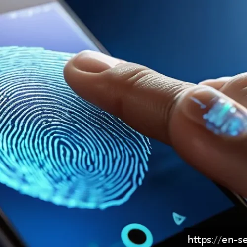지문 인식 vs 얼굴 인식 비교 - A close-up, hyper-realistic image of a human fingertip pressing on a high-tech capacitive fingerprin...