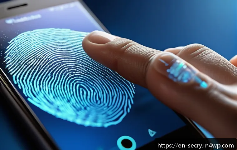 지문 인식 vs 얼굴 인식 비교 - A close-up, hyper-realistic image of a human fingertip pressing on a high-tech capacitive fingerprin...