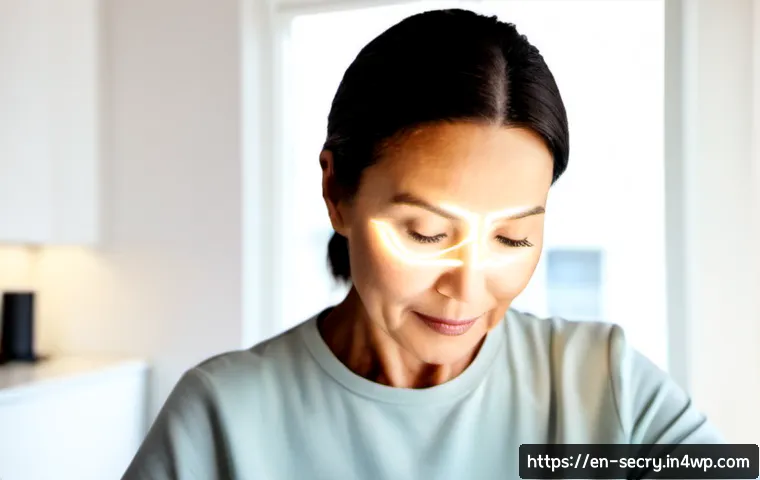 Home 17 바이오메트릭 인증 기술의 발전 - Photorealistic close-up of a diverse middle-aged woman securely unlocking a modern smartphone with f...