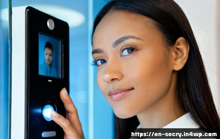 Home 17 홍채 인식 기반 보안 시스템 - Photorealistic close-up of a diverse adult using an iris recognition security scanner at a modern of...