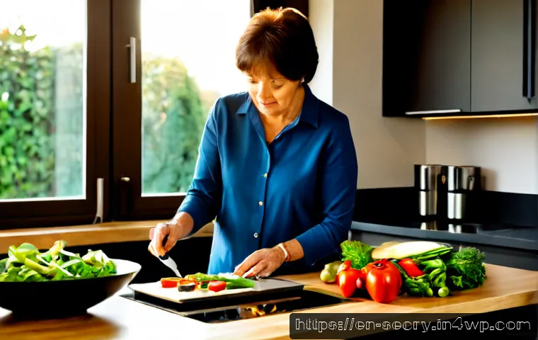 음성 인식 기술의 응용 - Photorealistic modern home kitchen, a middle-aged woman preparing dinner hands-free while speaking n...