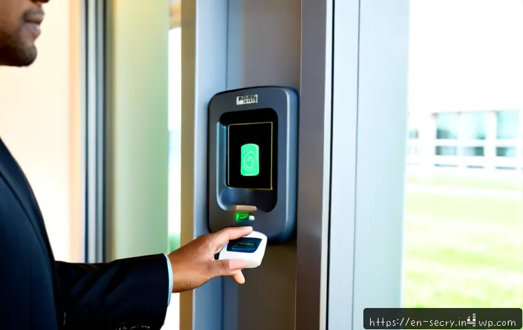 바이오메트릭 보안의 기업 적용 사례 - Photorealistic corporate office entrance, a diverse employee in professional business attire using a...